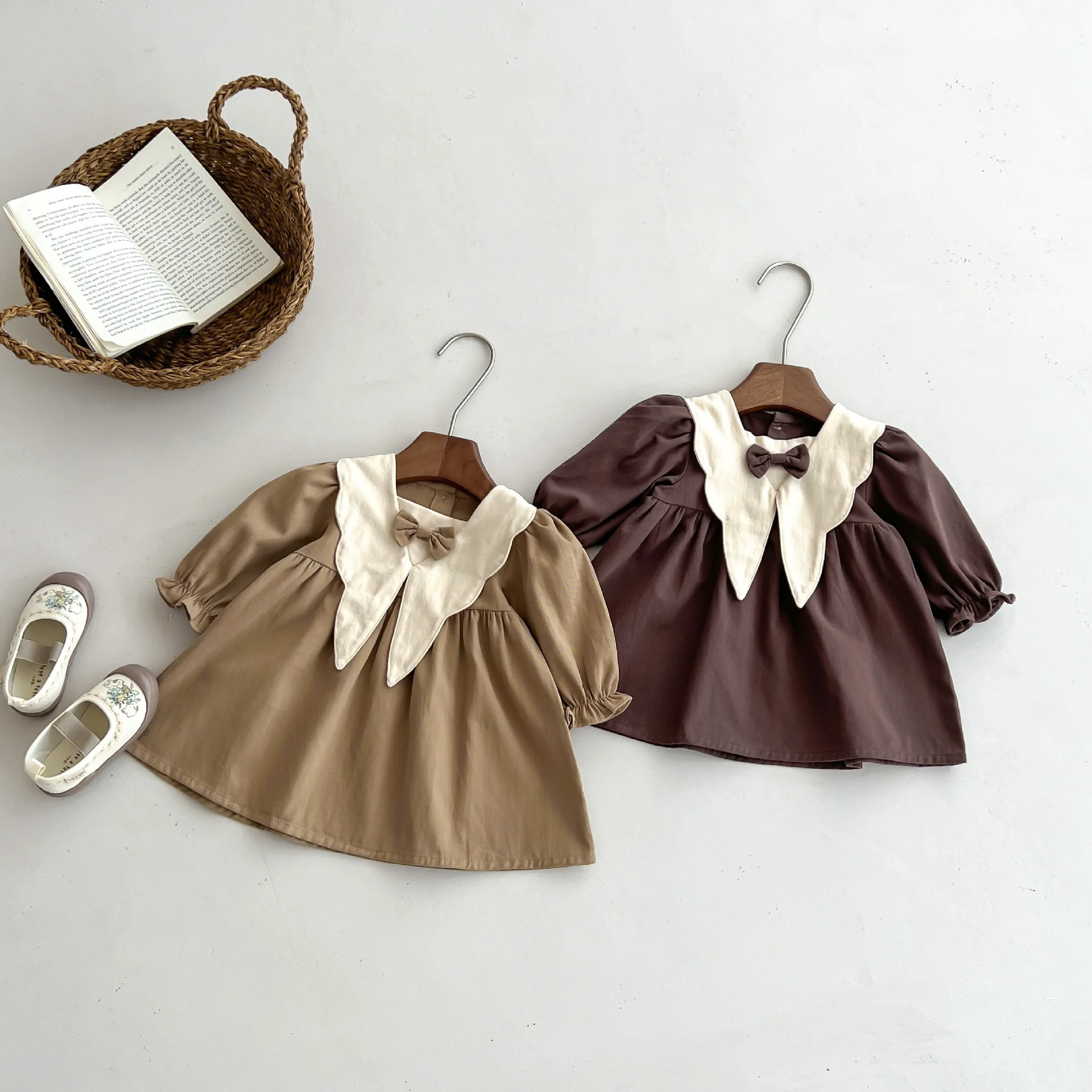 Girl Baby School Style Retro Ruffle Princess Long Sleeves Dress Spring Autumn Children Cotton Sweet Bow Casual Party Dresses