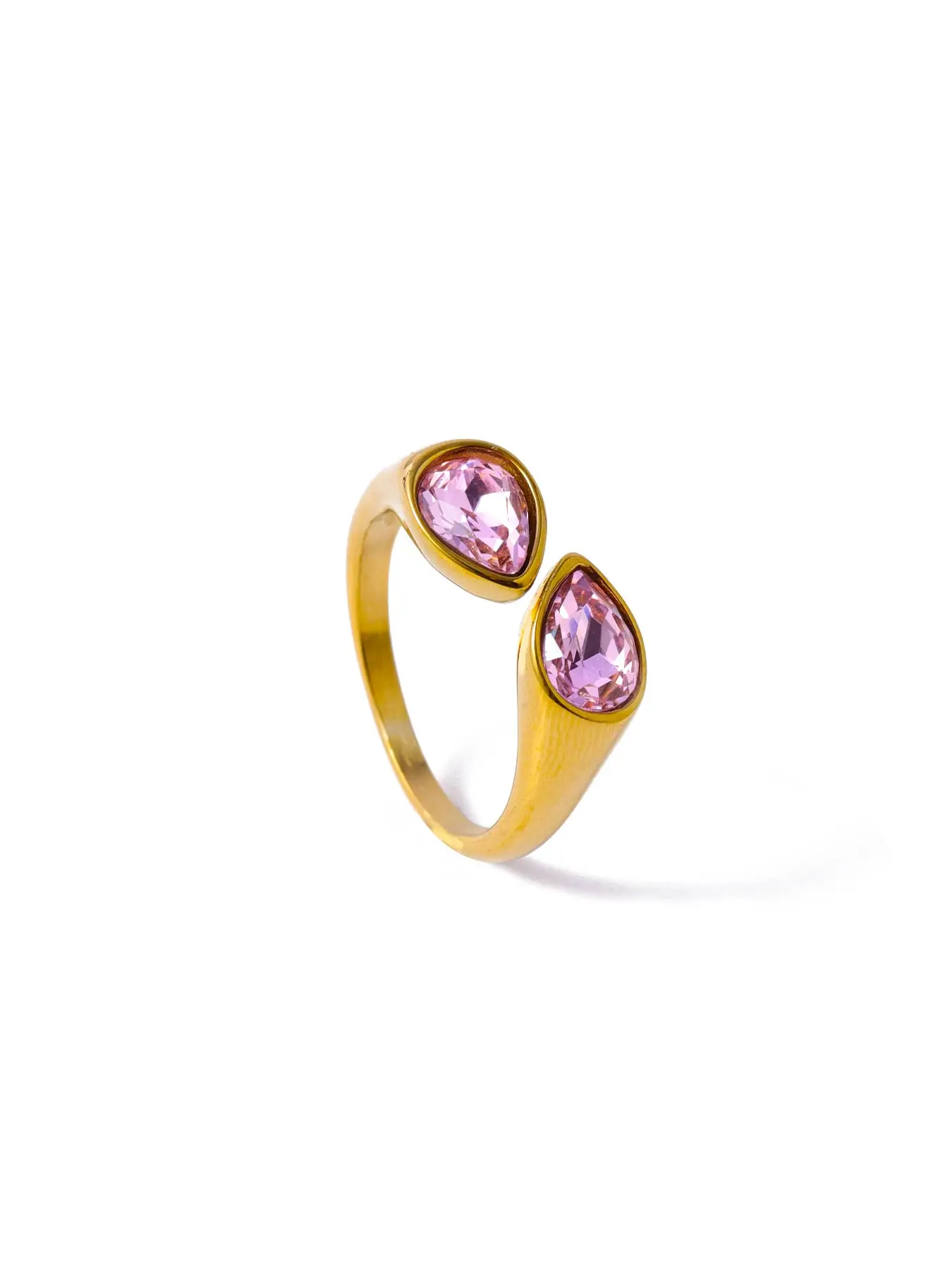 CARLIDANA Luxury Titanium Steel Zirconia Open Rings for Women 14K Gold Plated Stainless Steel Water Drop Zircon Ring Jewelry