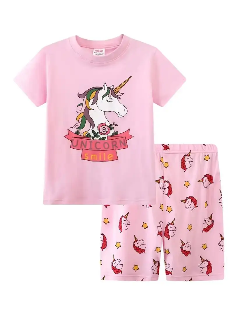 2pcs Toddler Girls Cotton Pajamas Outfit Cartoon Unicorn Graphic Crew Neck T-Shirt Top & Elastic Waist Shorts Sleepwear
