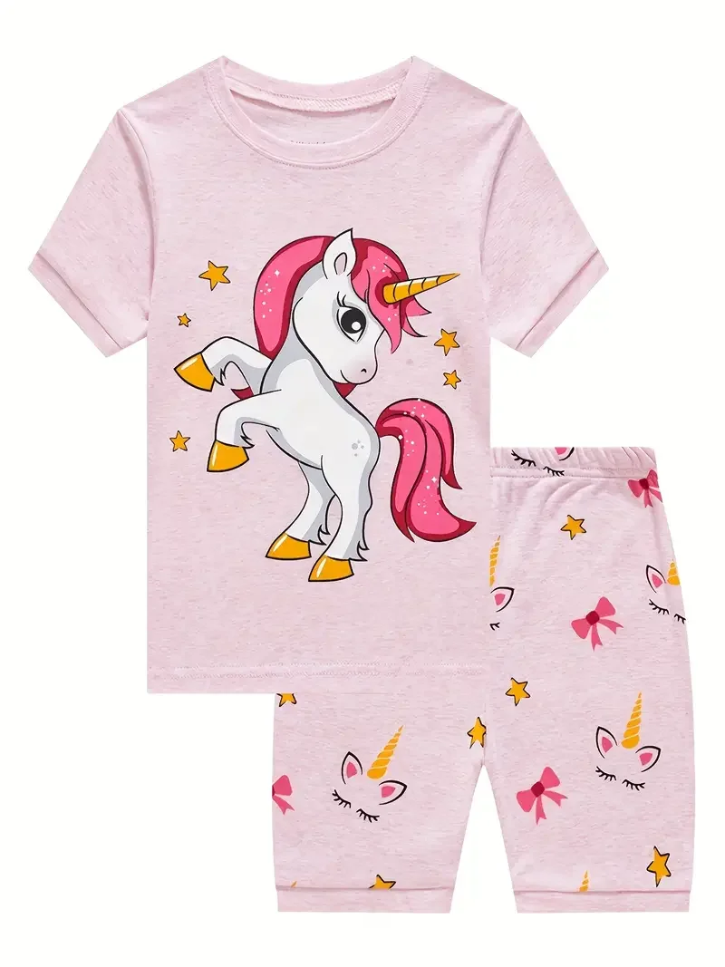 2pcs Toddler Girls Cotton Pajamas Outfit Cartoon Unicorn Graphic Crew Neck T-Shirt Top & Elastic Waist Shorts Sleepwear