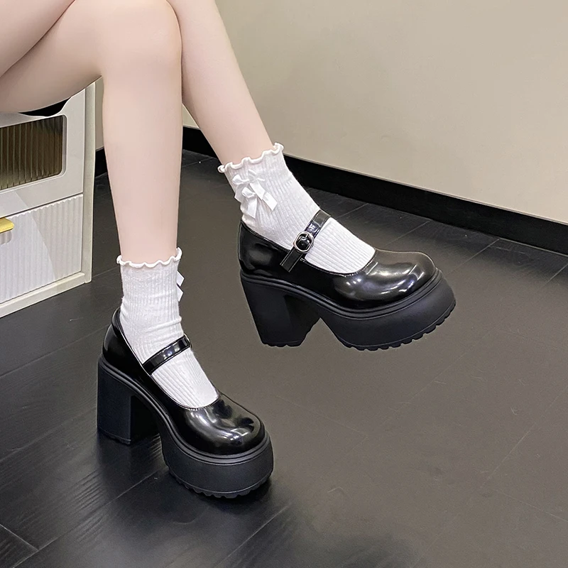 Black Super High Heels Mary Jane Shoes Women 2026 Goth Chunky Platform Pumps Woman Plus Size Ankle Buckle Party Lolita Shoes 42