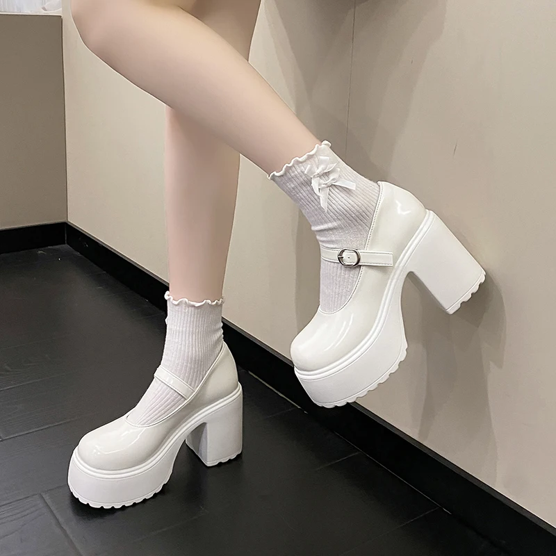 Black Super High Heels Mary Jane Shoes Women 2026 Goth Chunky Platform Pumps Woman Plus Size Ankle Buckle Party Lolita Shoes 42