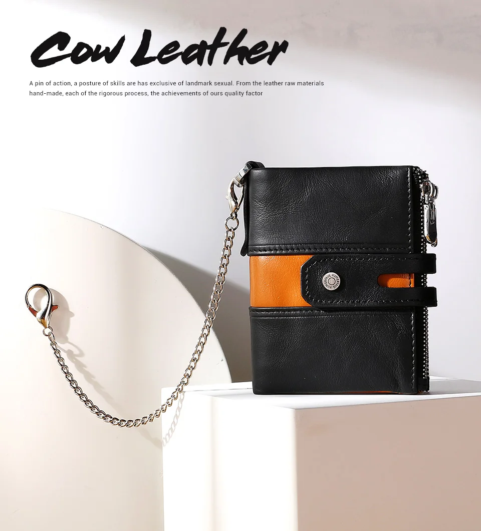 HUMERPAUL Genuine Leather Men's Wallet Fashion Quality Travel Purse Rfid Protect Credit Card Holder Wollst for Men with Chain