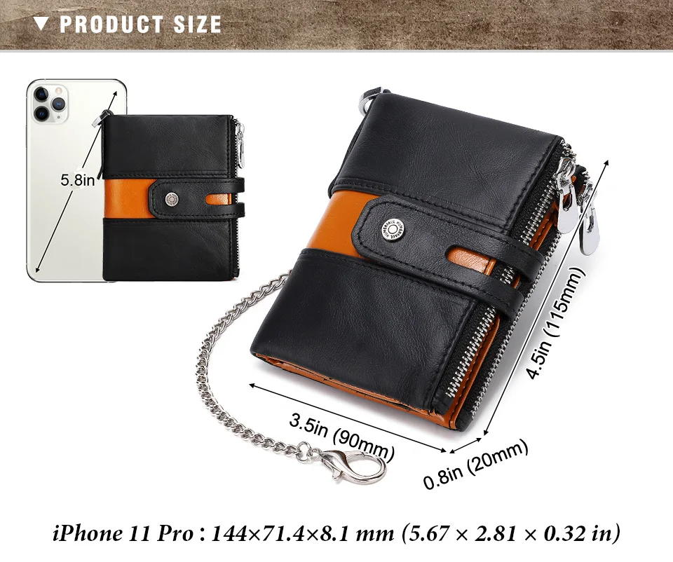HUMERPAUL Genuine Leather Men's Wallet Fashion Quality Travel Purse Rfid Protect Credit Card Holder Wollst for Men with Chain
