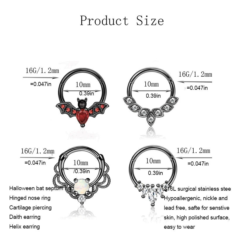 4PCS 16G Septum Clicker Rings, Stainless Steel Hinged Nose Rings Hoop CZ Cartilage Helix Daith Tragus Earring Piercing Jewelry