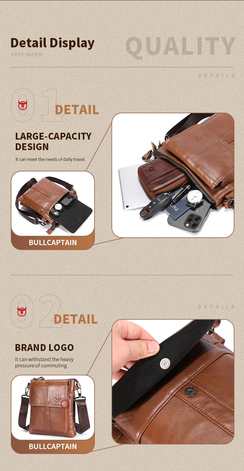 BULLCAPTAIN Men's Genuine Leather Crossbody Bag Large Capacity Multifunctional Top Layer Cowhide Shoulder Bag Fashion Man Bag