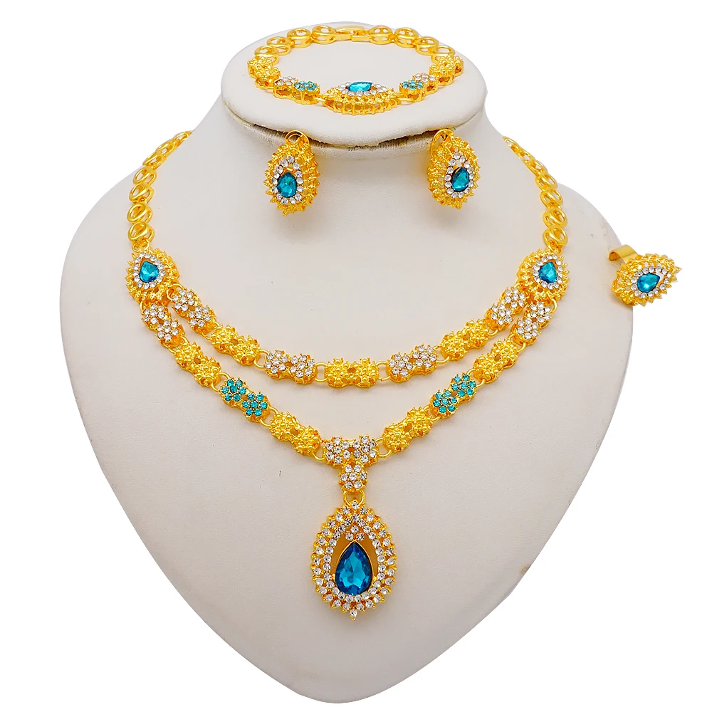 Fashion Ethiopia Dubai Women Gold Color Jewelry Sets Blue Pendant Necklace Earrings Bracelet Ring Sets Party Gifts