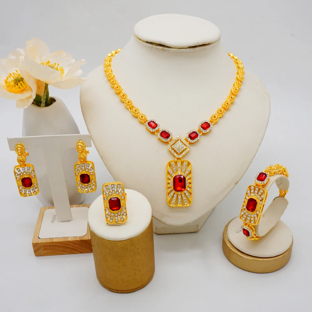 Fashion Ethiopia Dubai Women Gold Color Jewelry Sets Blue Pendant Necklace Earrings Bracelet Ring Sets Party Gifts