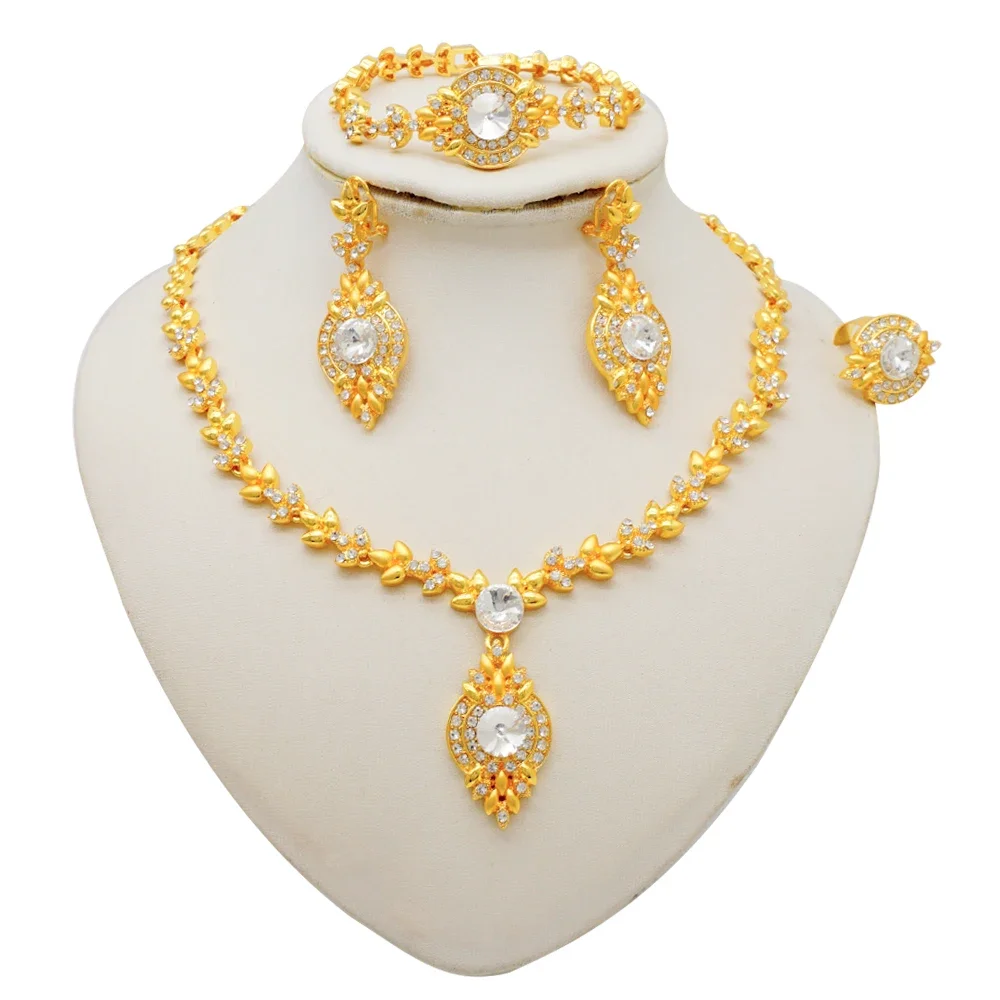 Fashion Ethiopia Dubai Women Gold Color Jewelry Sets Blue Pendant Necklace Earrings Bracelet Ring Sets Party Gifts