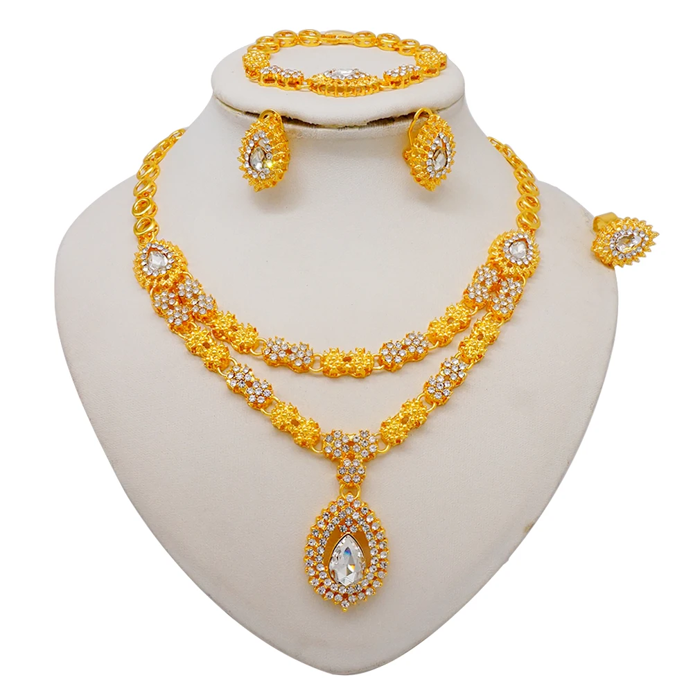 Fashion Ethiopia Dubai Women Gold Color Jewelry Sets Blue Pendant Necklace Earrings Bracelet Ring Sets Party Gifts