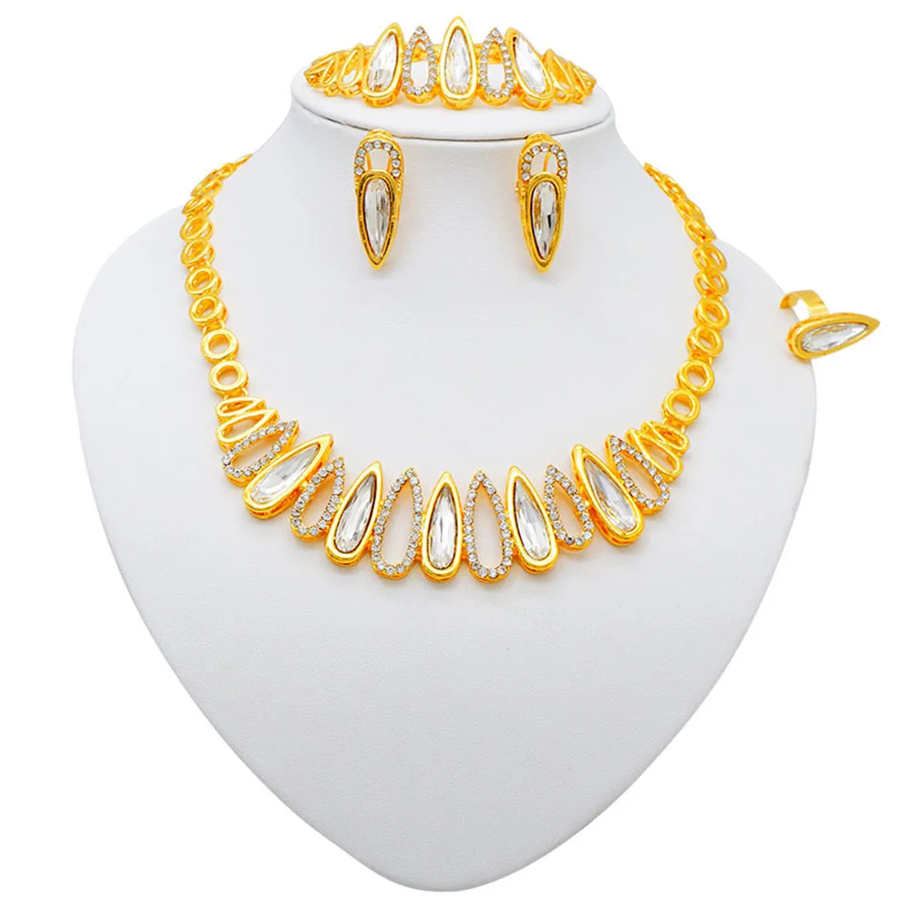 Fashion Ethiopia Dubai Women Gold Color Jewelry Sets Blue Pendant Necklace Earrings Bracelet Ring Sets Party Gifts
