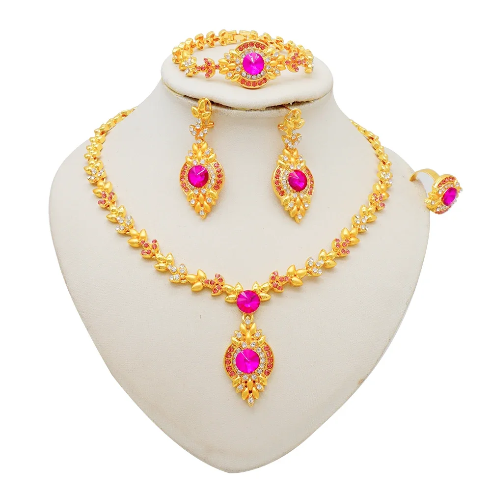 Fashion Ethiopia Dubai Women Gold Color Jewelry Sets Blue Pendant Necklace Earrings Bracelet Ring Sets Party Gifts
