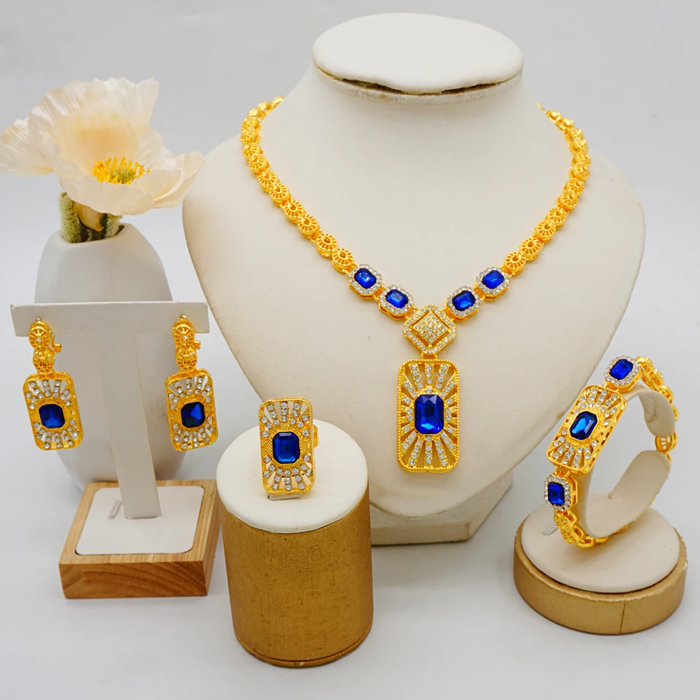 Fashion Ethiopia Dubai Women Gold Color Jewelry Sets Blue Pendant Necklace Earrings Bracelet Ring Sets Party Gifts