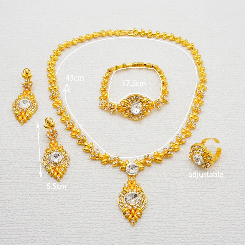 Fashion Ethiopia Dubai Women Gold Color Jewelry Sets Blue Pendant Necklace Earrings Bracelet Ring Sets Party Gifts