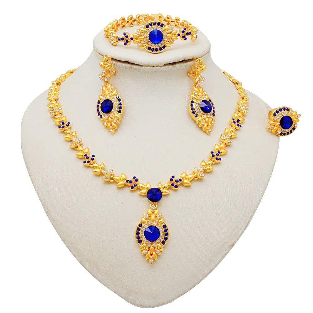 Fashion Ethiopia Dubai Women Gold Color Jewelry Sets Blue Pendant Necklace Earrings Bracelet Ring Sets Party Gifts
