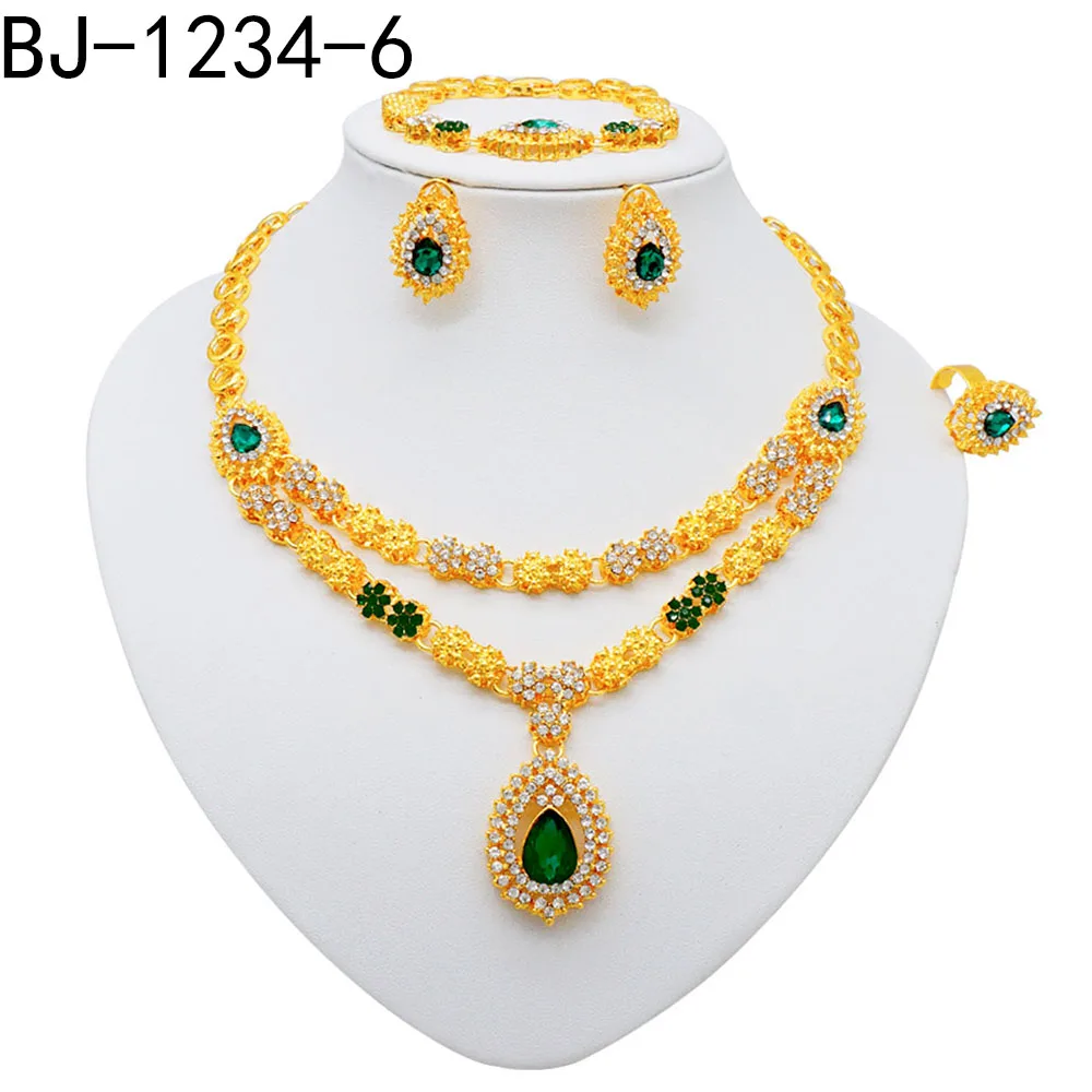 Fashion Ethiopia Dubai Women Gold Color Jewelry Sets Blue Pendant Necklace Earrings Bracelet Ring Sets Party Gifts