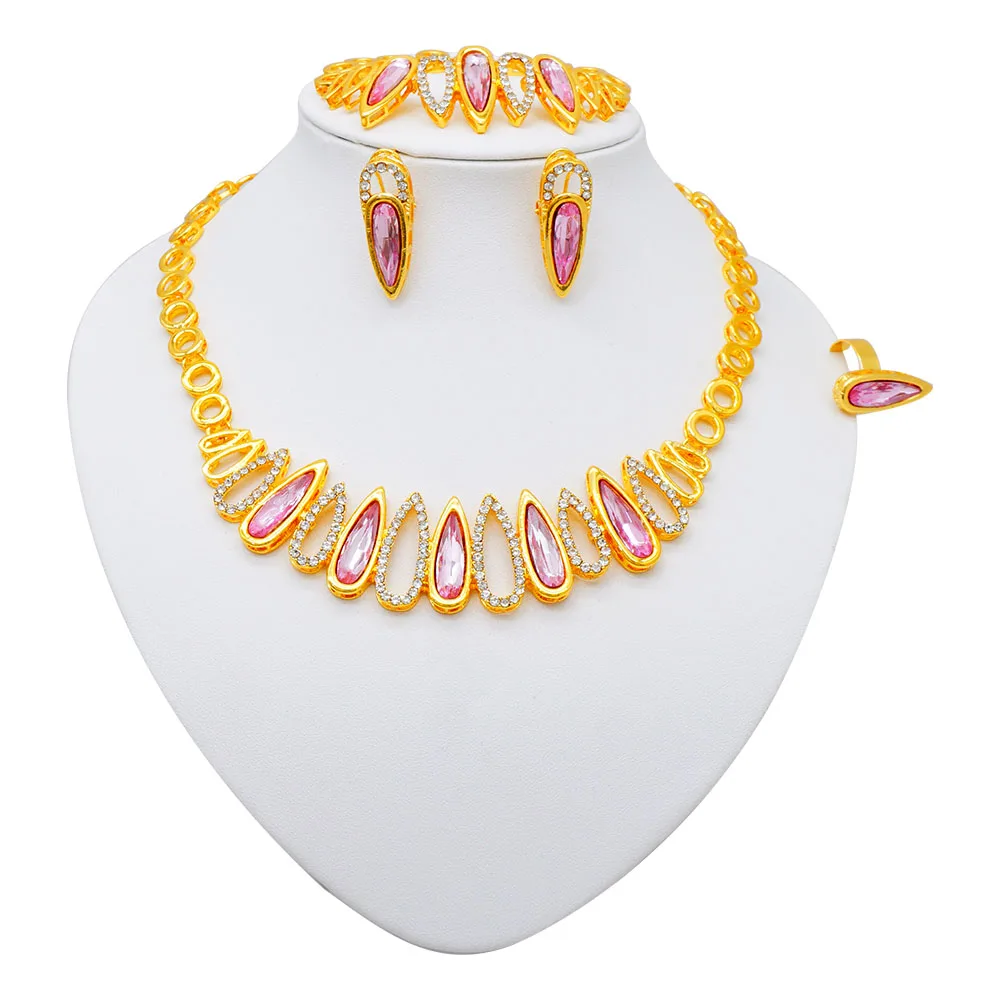 Fashion Ethiopia Dubai Women Gold Color Jewelry Sets Blue Pendant Necklace Earrings Bracelet Ring Sets Party Gifts