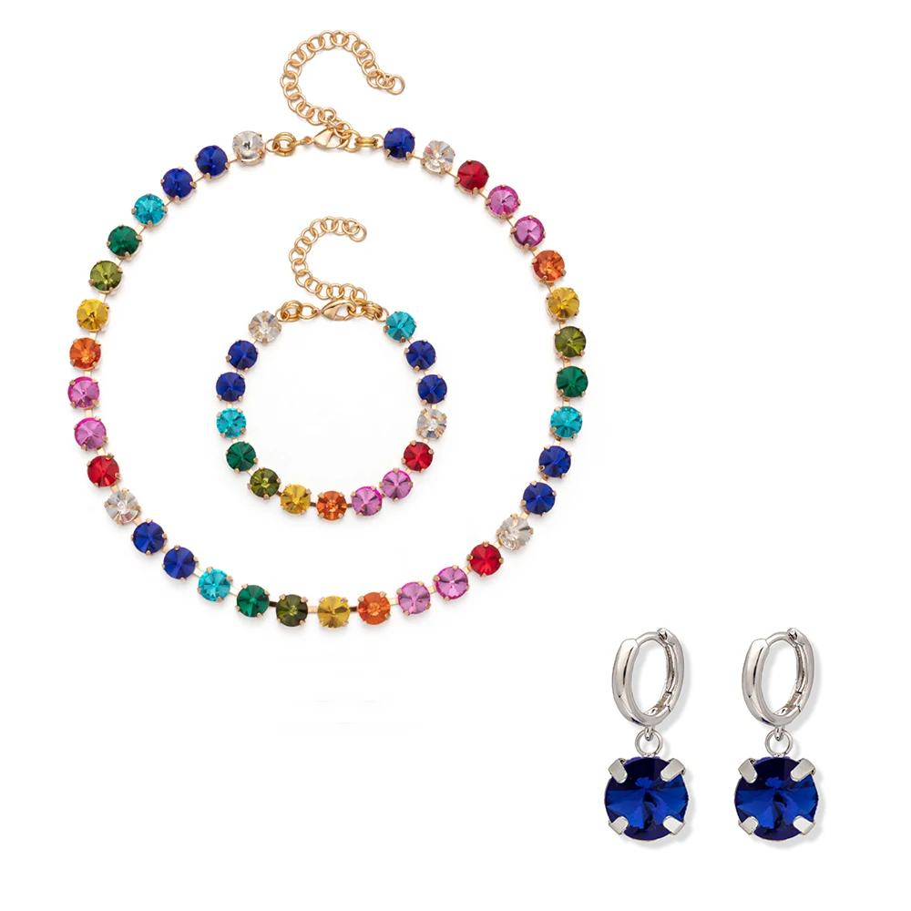 2023 New 8MM Crystal Bracelets Necklace Earrings Sets For Women Claw Seting Bracelets Choker for Party