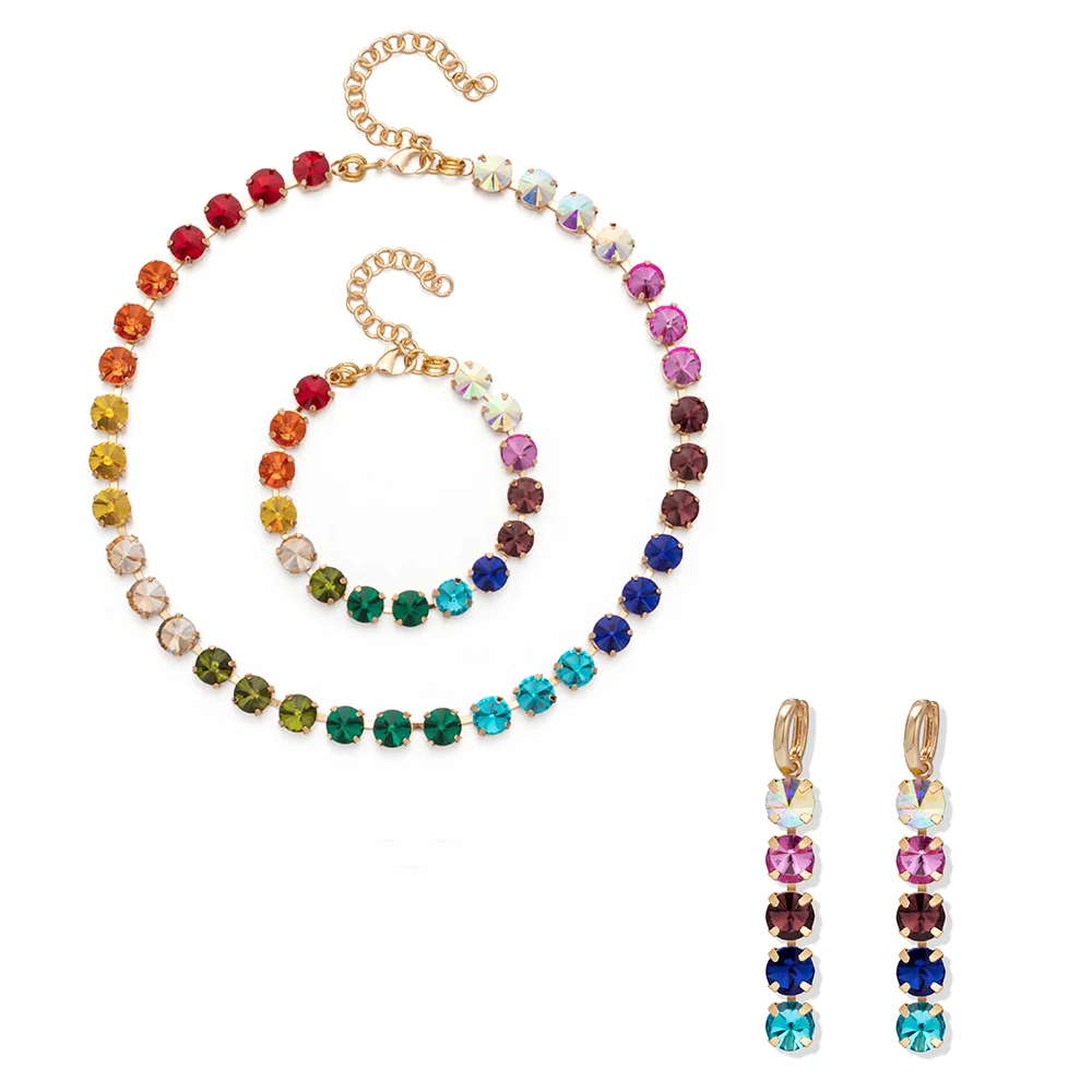 2023 New 8MM Crystal Bracelets Necklace Earrings Sets For Women Claw Seting Bracelets Choker for Party