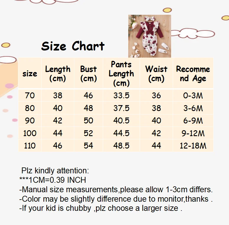 0-24 Months Newborn Baby Girl 3PCS Clothes Set Long Sleeve Romper+Flower Strap Pants+Headband Spring&Autumn Lovely Outfit