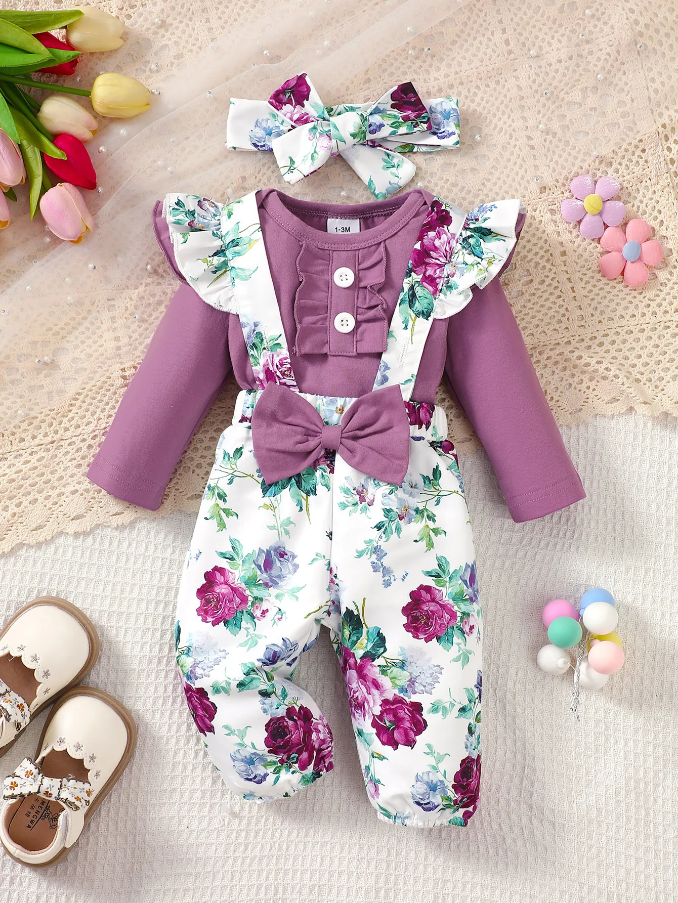 0-24 Months Newborn Baby Girl 3PCS Clothes Set Long Sleeve Romper+Flower Strap Pants+Headband Spring&Autumn Lovely Outfit