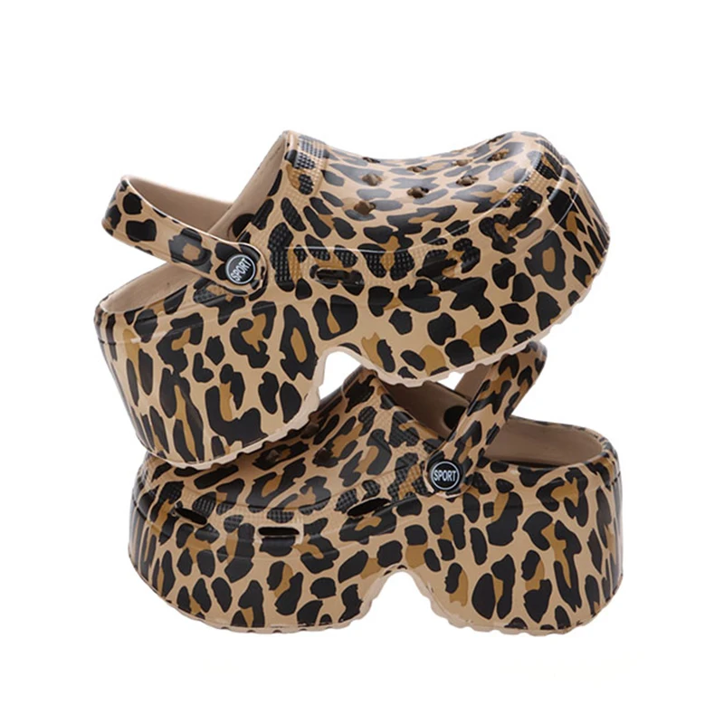 Leopard Thick Bottom Clogs for Women Closed Toe Chunky Platform Sandals Woman Summer 2023 Super High Wedge Heel Slippers Female