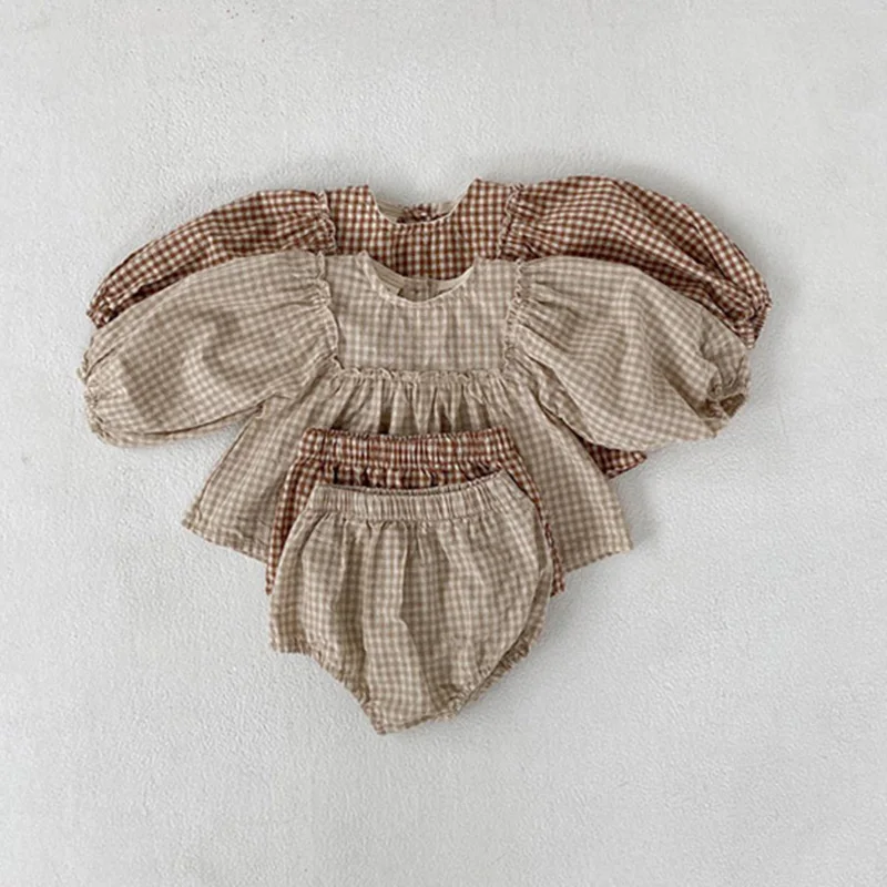 Baby Girls Suit 2022 Baby Girls Clothes Little Plaid Infant Girls Clothes Set Puff Sleeve Blouse + Bloomer 2pcs Toddler Clothes