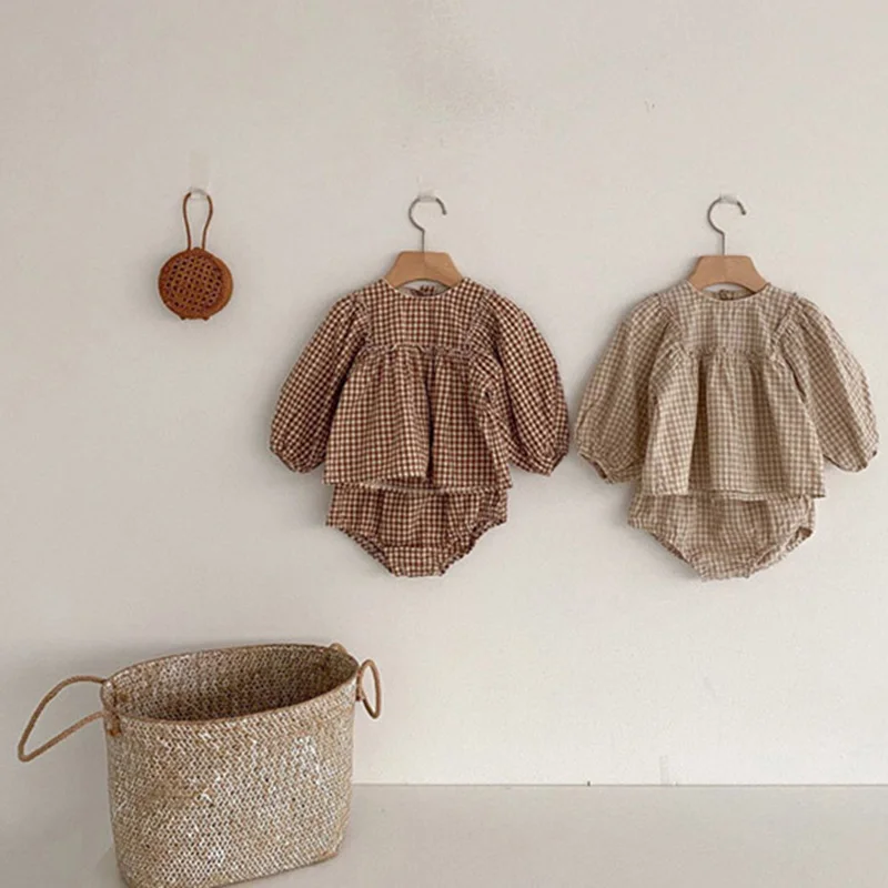 Baby Girls Suit 2022 Baby Girls Clothes Little Plaid Infant Girls Clothes Set Puff Sleeve Blouse + Bloomer 2pcs Toddler Clothes