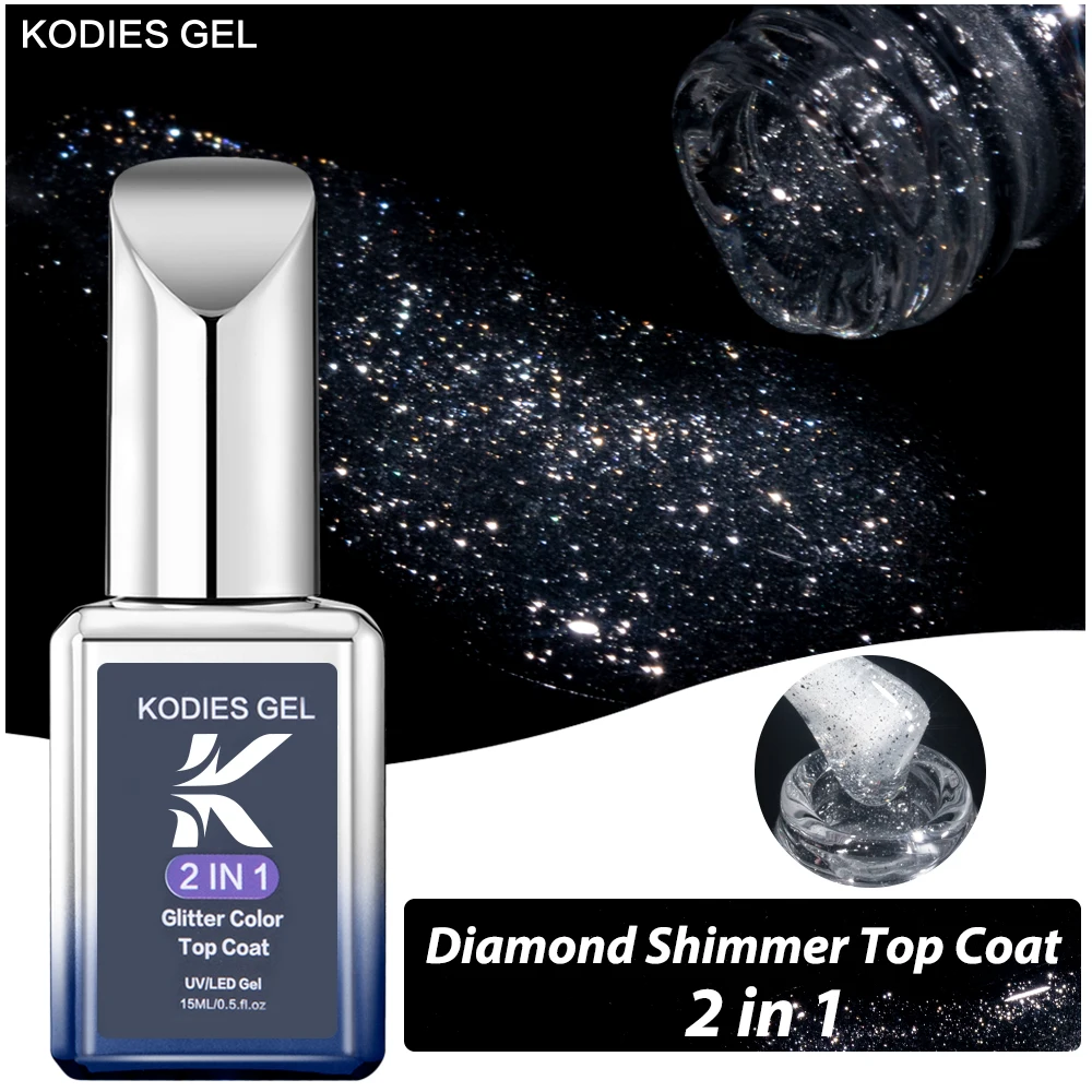 KODIES GEL Shimmer Diamond Top Coat Gel Nail Polish 15ML Semi Permanent UV Enhancer Glitter Sparkle Tempered Topcoat No Wipe Gel