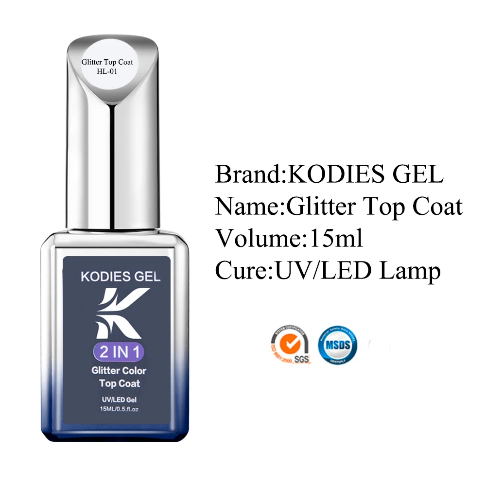 KODIES GEL Shimmer Diamond Top Coat Gel Nail Polish 15ML Semi Permanent UV Enhancer Glitter Sparkle Tempered Topcoat No Wipe Gel