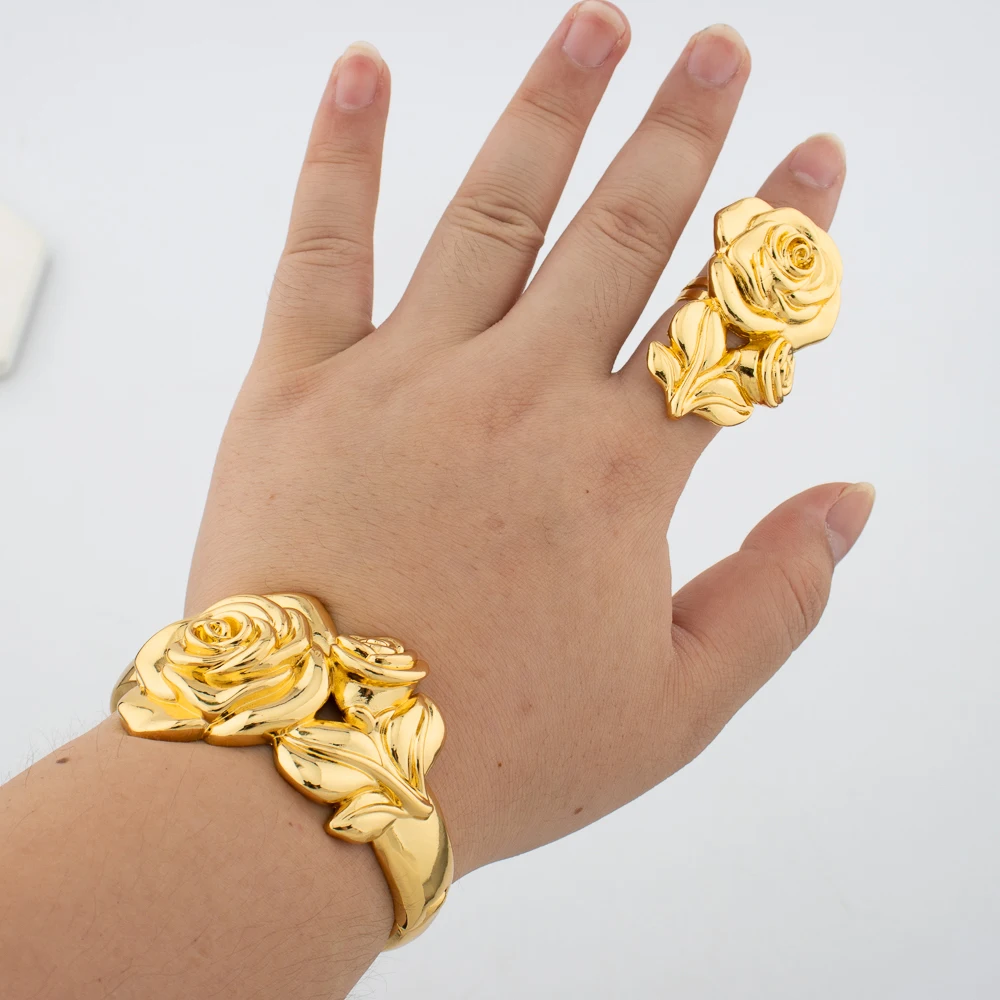 Leopard Design Bangle and Ring Jewelry Set Gold Plated African Bracelet Adjustable Ring Weddings Bridal Jewelry Accessories