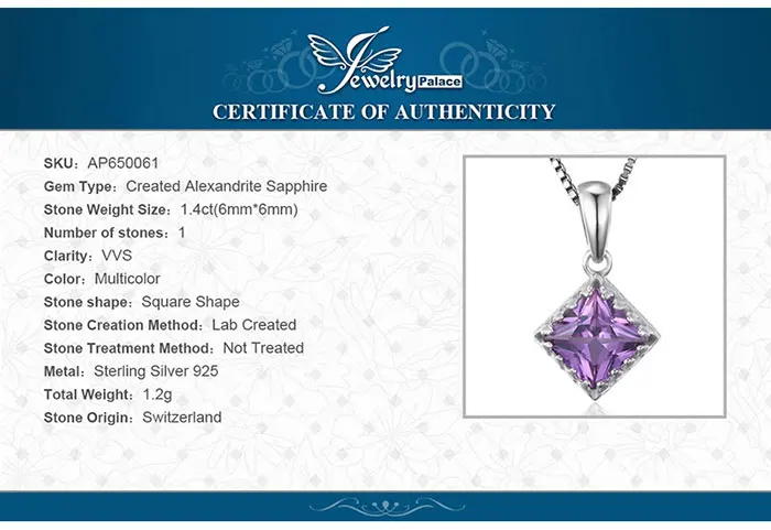 JewelryPalace Square Created Alexandrite Sapphires 925 Sterling Silver Pendant for Women Fashion Gemstone Necklace No Chain