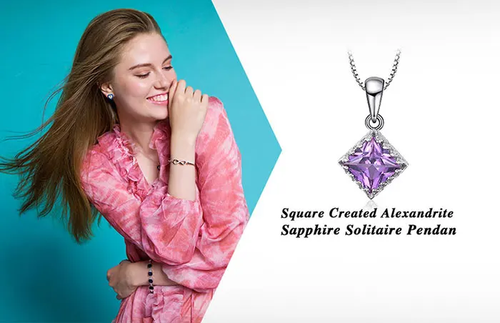 JewelryPalace Square Created Alexandrite Sapphires 925 Sterling Silver Pendant for Women Fashion Gemstone Necklace No Chain