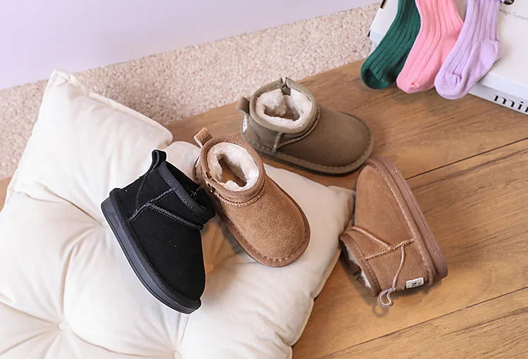 2025 New Winter Baby Snow Boots Leather Warm Plush Little Boys Shoes Non-slip Fashion Toddler Girls Boots