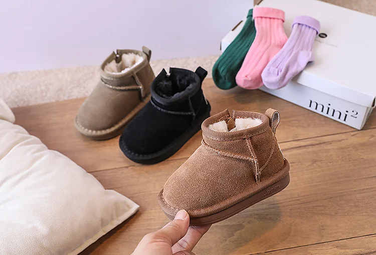 2025 New Winter Baby Snow Boots Leather Warm Plush Little Boys Shoes Non-slip Fashion Toddler Girls Boots