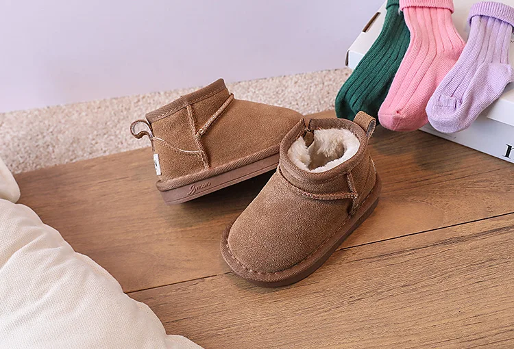 2025 New Winter Baby Snow Boots Leather Warm Plush Little Boys Shoes Non-slip Fashion Toddler Girls Boots