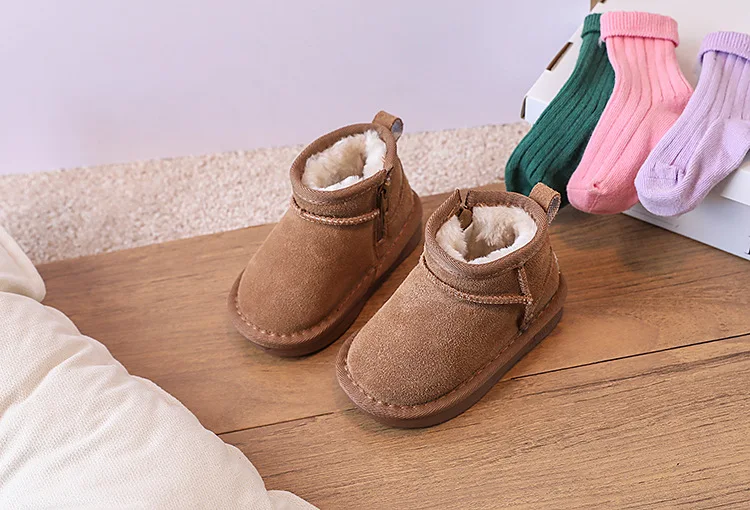 2025 New Winter Baby Snow Boots Leather Warm Plush Little Boys Shoes Non-slip Fashion Toddler Girls Boots