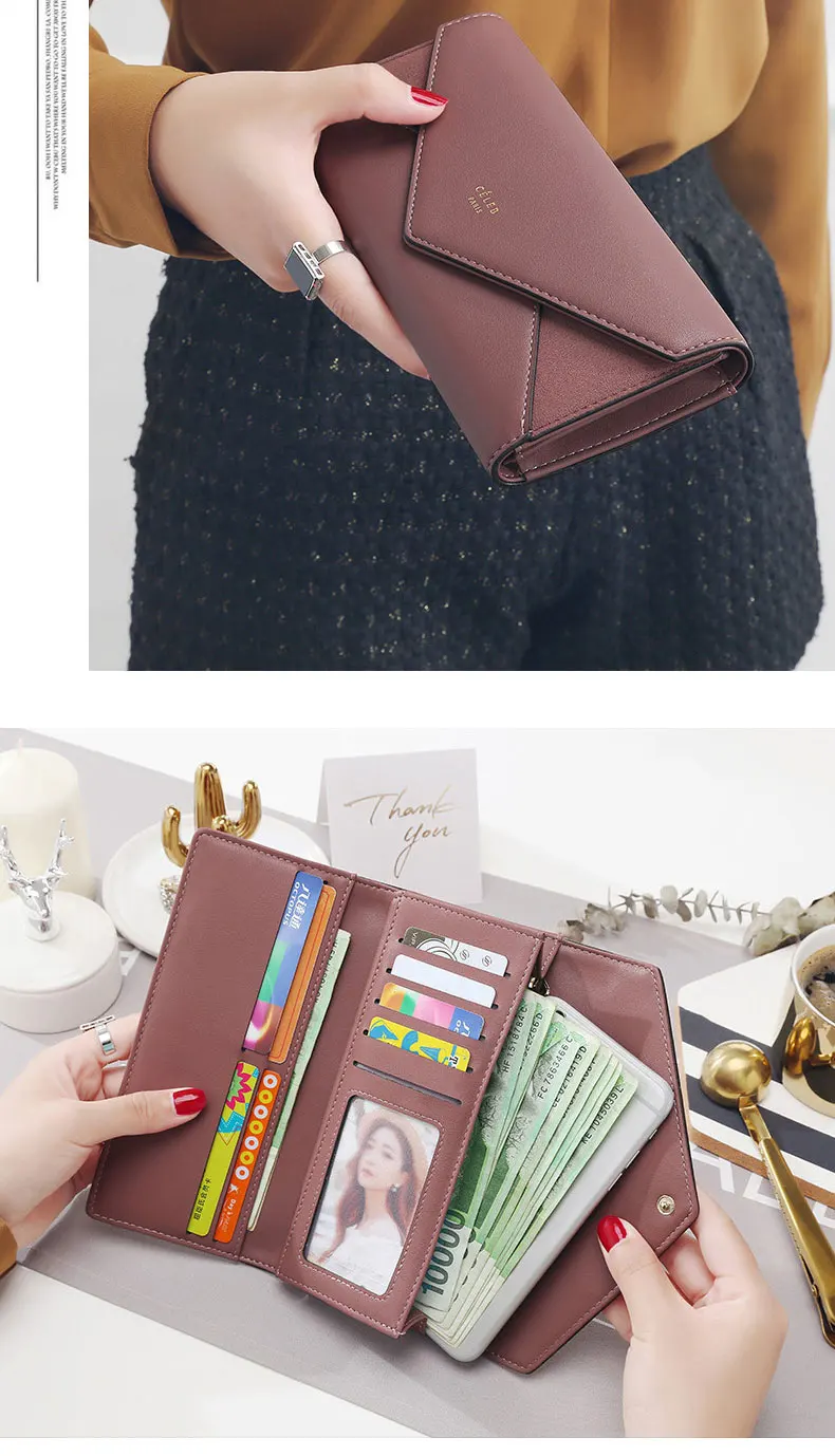 aliwood Brand 3 Fold Women's Wallet Designer Envelope Clutch For Women Hasp Money Clip Leather Female Long Wallet Phone Pocket