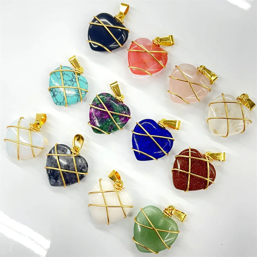 Natural Stone Quartz Crystal 20MM Heart pendant&Copper Wire Wrapping pendant DIY charm Jewelry making Necklace Accessories 20pc