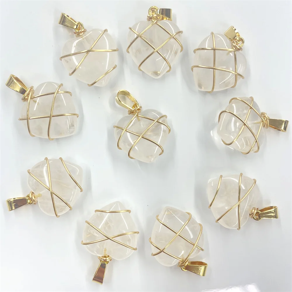 Natural Stone Quartz Crystal 20MM Heart pendant&Copper Wire Wrapping pendant DIY charm Jewelry making Necklace Accessories 20pc