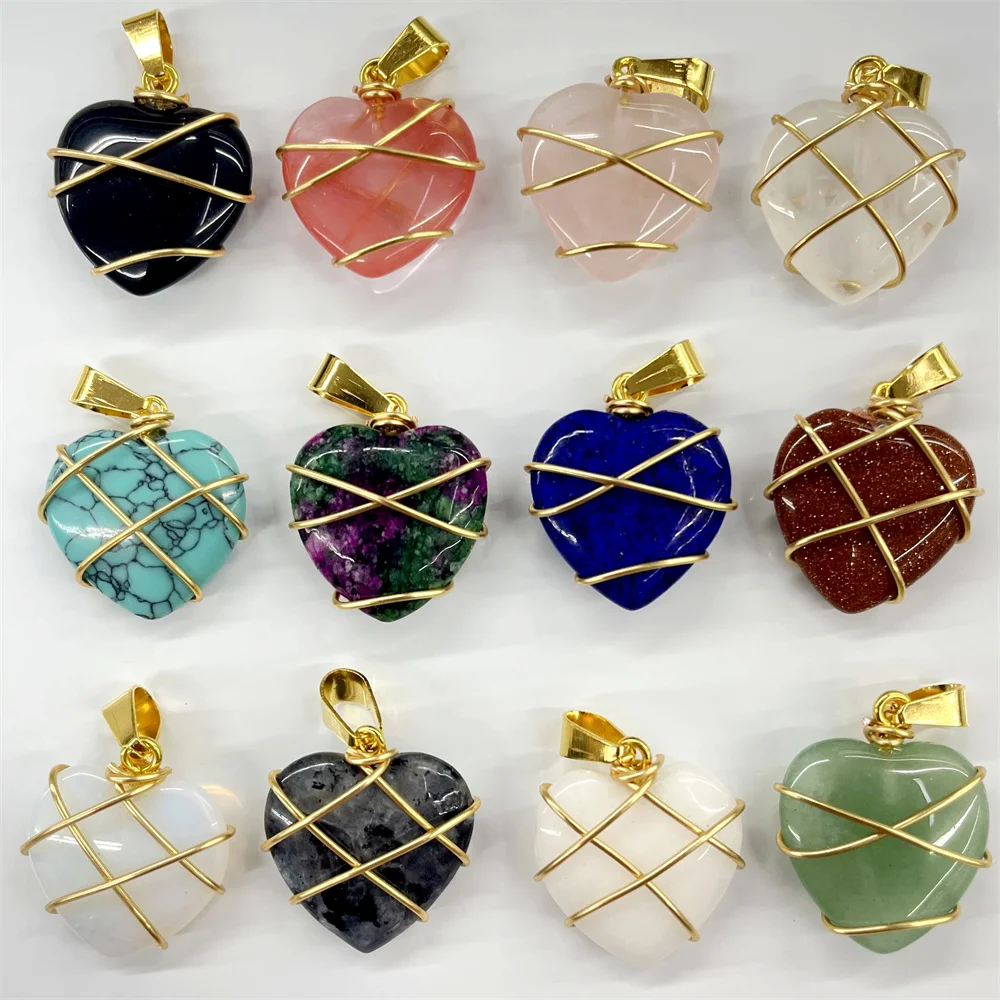 Natural Stone Quartz Crystal 20MM Heart pendant&Copper Wire Wrapping pendant DIY charm Jewelry making Necklace Accessories 20pc