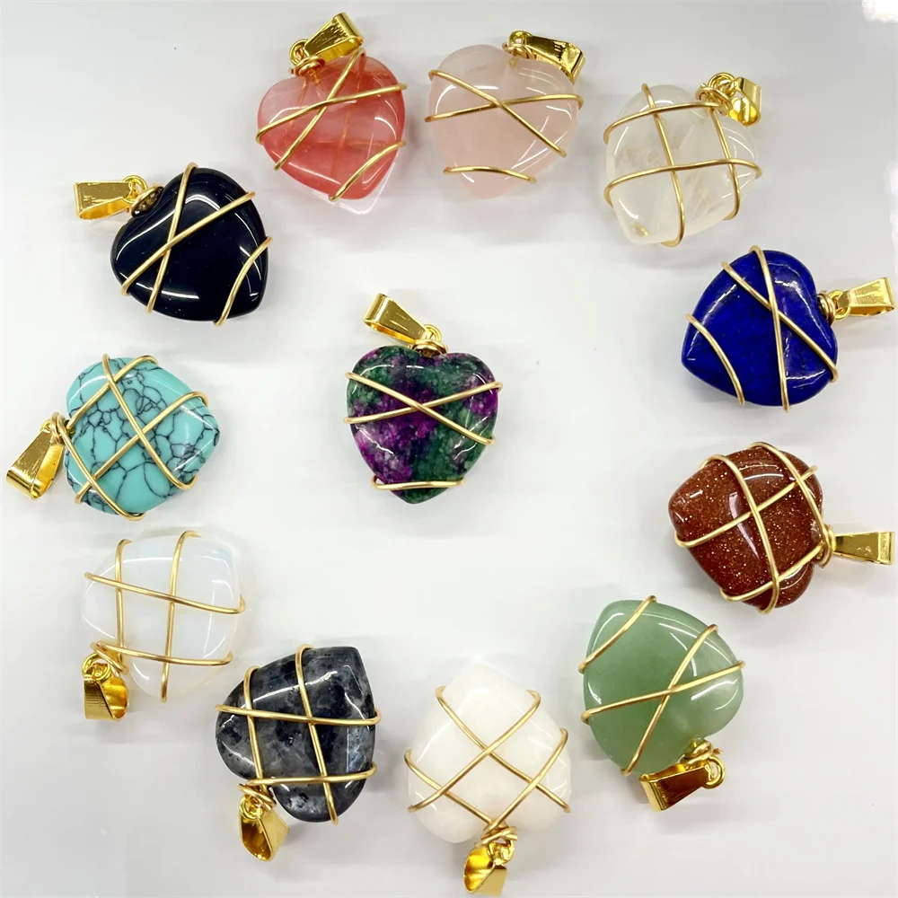 Natural Stone Quartz Crystal 20MM Heart pendant&Copper Wire Wrapping pendant DIY charm Jewelry making Necklace Accessories 20pc