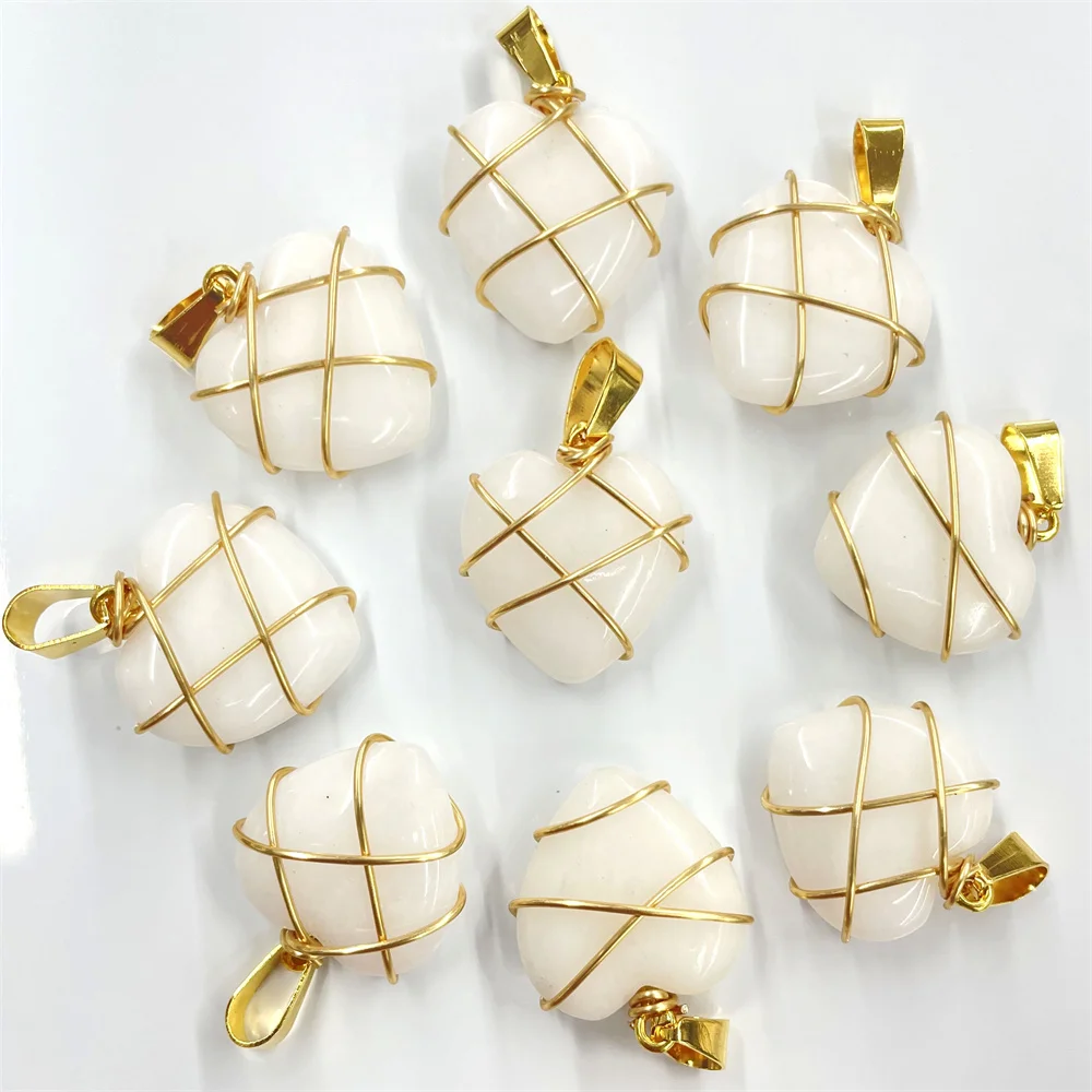 Natural Stone Quartz Crystal 20MM Heart pendant&Copper Wire Wrapping pendant DIY charm Jewelry making Necklace Accessories 20pc