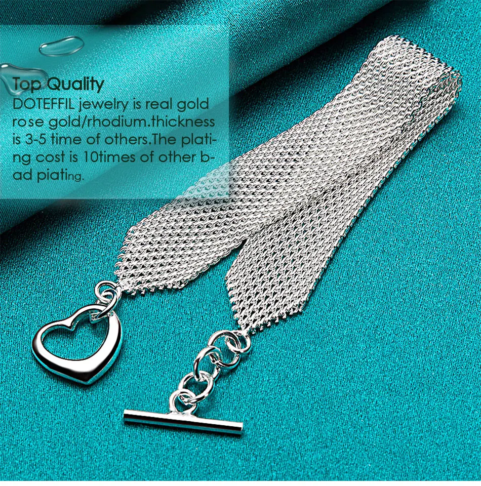 DOTEFFIL 925 Sterling Silver Watchband Network Heart Bracelet Chain For Woman Man Charm Wedding Engagement Party Fashion Jewelry