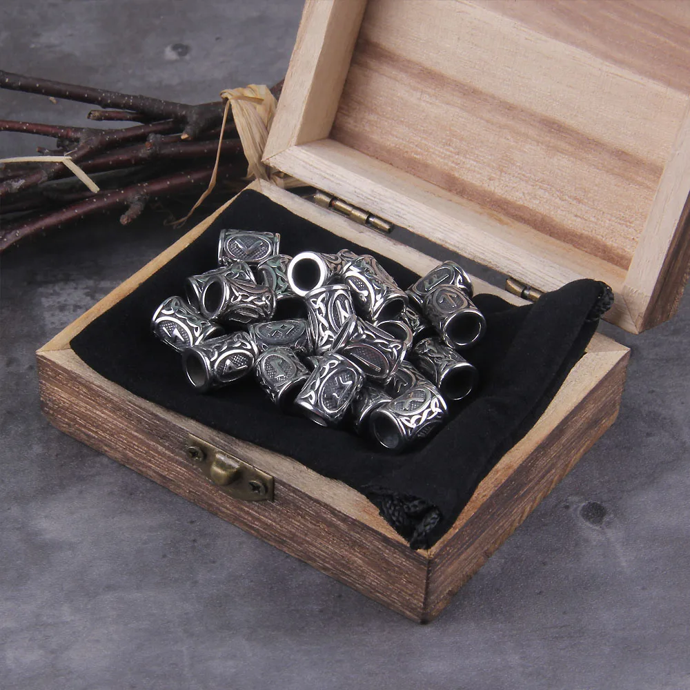 Stainless Steel 24pcs/lot Viking Runes Beads Charms TIWAZ TYR Sol rune Odal Futhark Rune beads for Hair Beard with wooden box