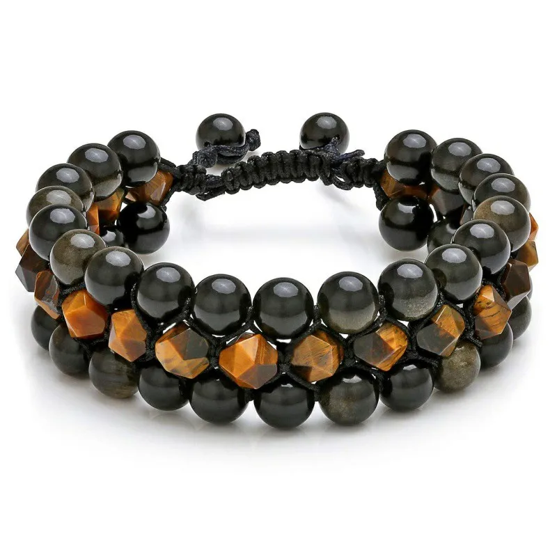Mens 8mm Tiger Eye Stone Black Agate Bracelet Yoga Healing Crystal Bracelet Natural Beads Bracelets Braided 3 Layer Jewelry