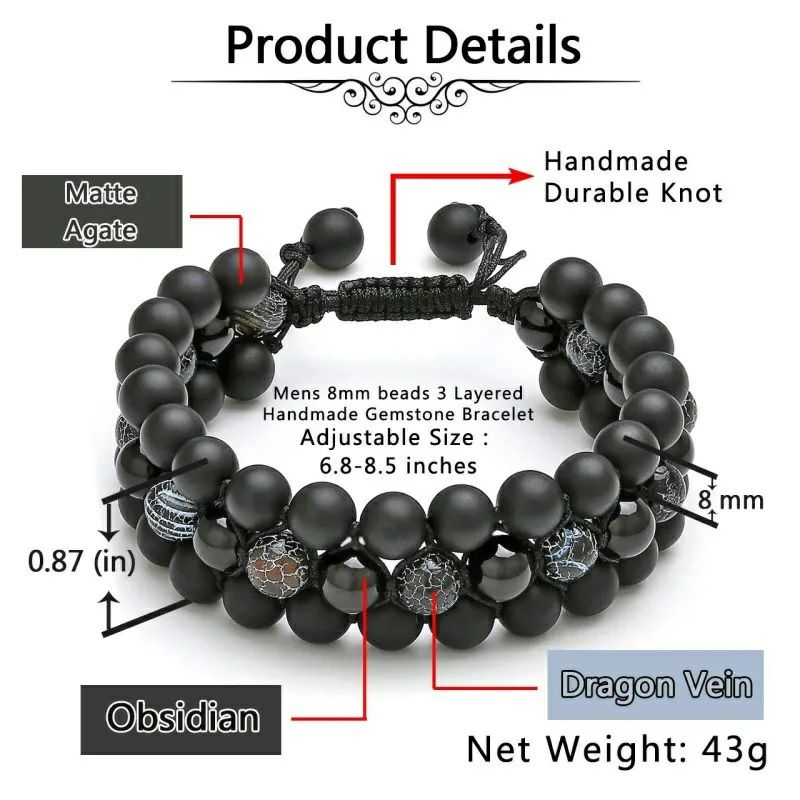 Mens 8mm Tiger Eye Stone Black Agate Bracelet Yoga Healing Crystal Bracelet Natural Beads Bracelets Braided 3 Layer Jewelry