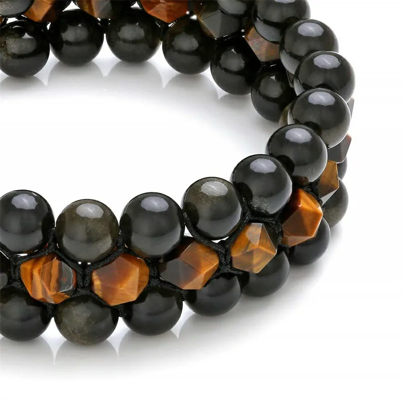 Mens 8mm Tiger Eye Stone Black Agate Bracelet Yoga Healing Crystal Bracelet Natural Beads Bracelets Braided 3 Layer Jewelry