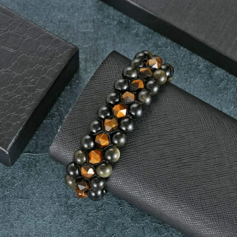Mens 8mm Tiger Eye Stone Black Agate Bracelet Yoga Healing Crystal Bracelet Natural Beads Bracelets Braided 3 Layer Jewelry