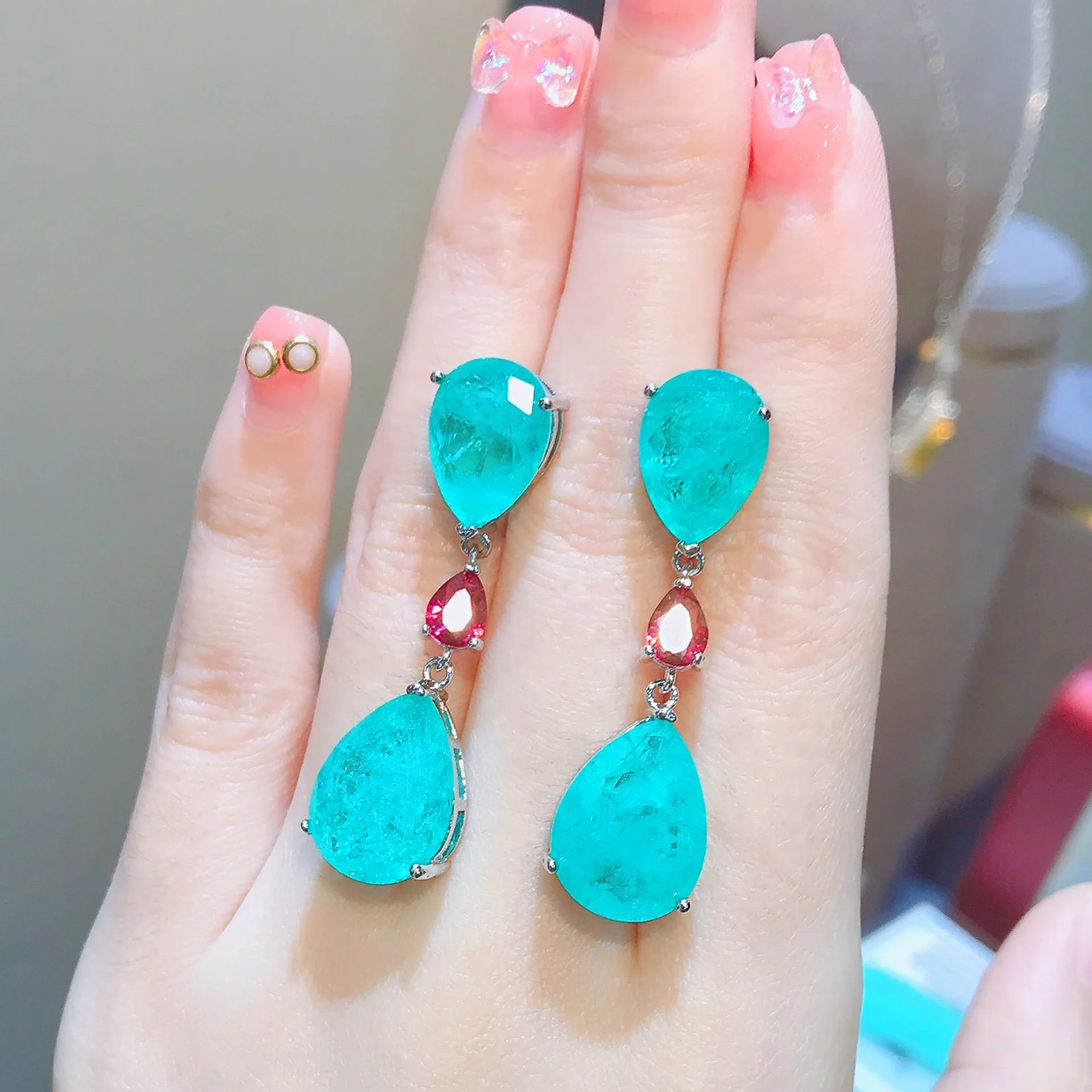 Foydjew Luxury Simulation Emerald Paraiba Earrings Women's Simple Water Drop-shaped Green Dangle Earring Color Treasure Jewelry